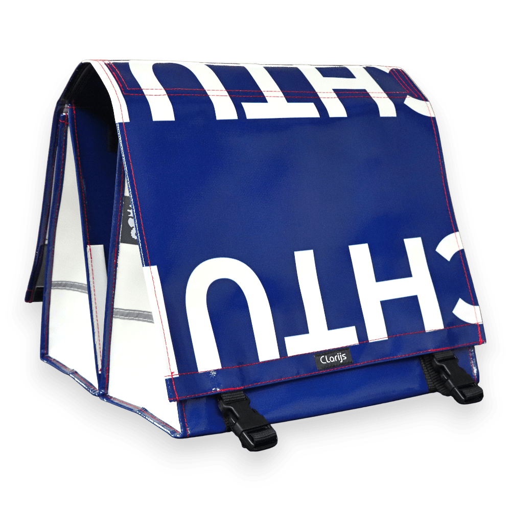 dubbele-fietstas-reCYCLEd-Transit4- witte-letters-rood-stiksel