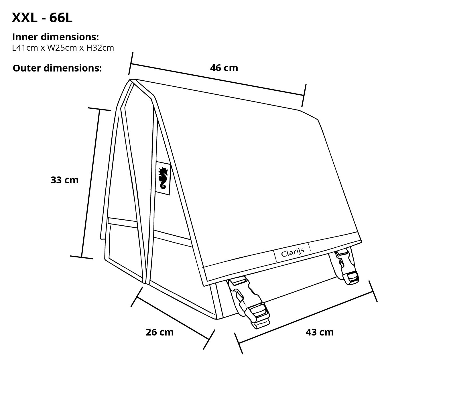 Line drawing double bike bag XXL with dimensions