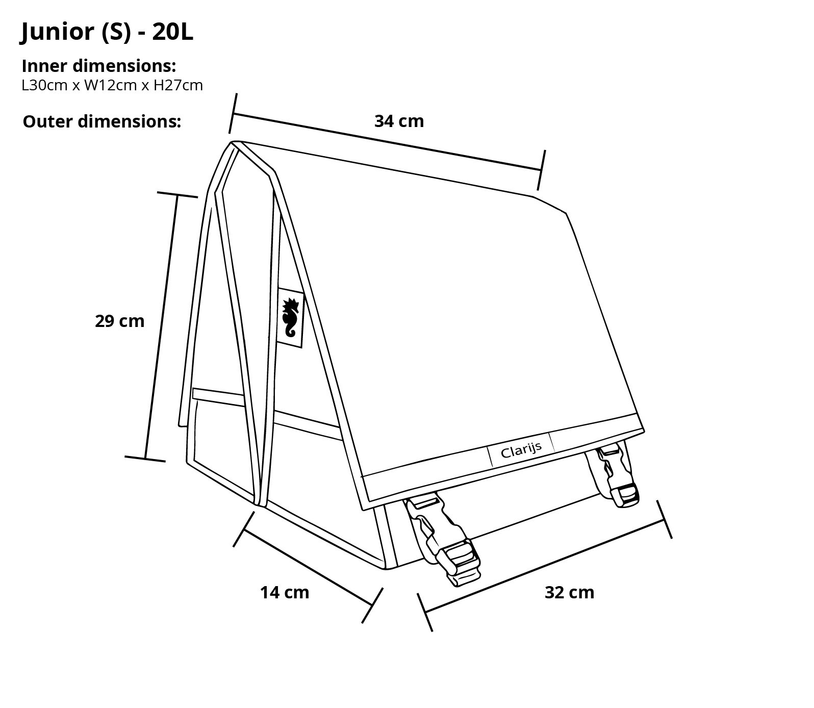 Linienzeichnung Doppelte Fahrradtasche Junior S mit Maßen